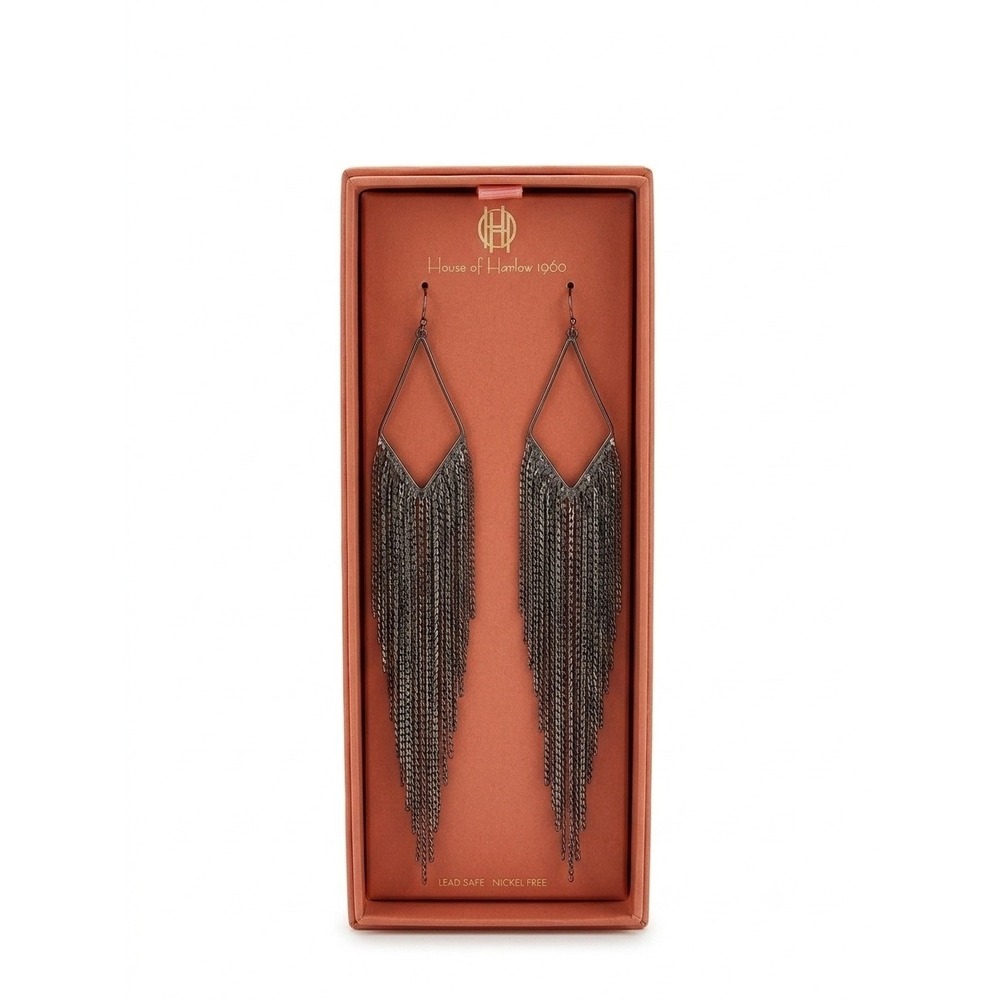 House of Harlow 1960 Gunmetal Geometric Rhombus Chain Fringe Dangle Earrings New